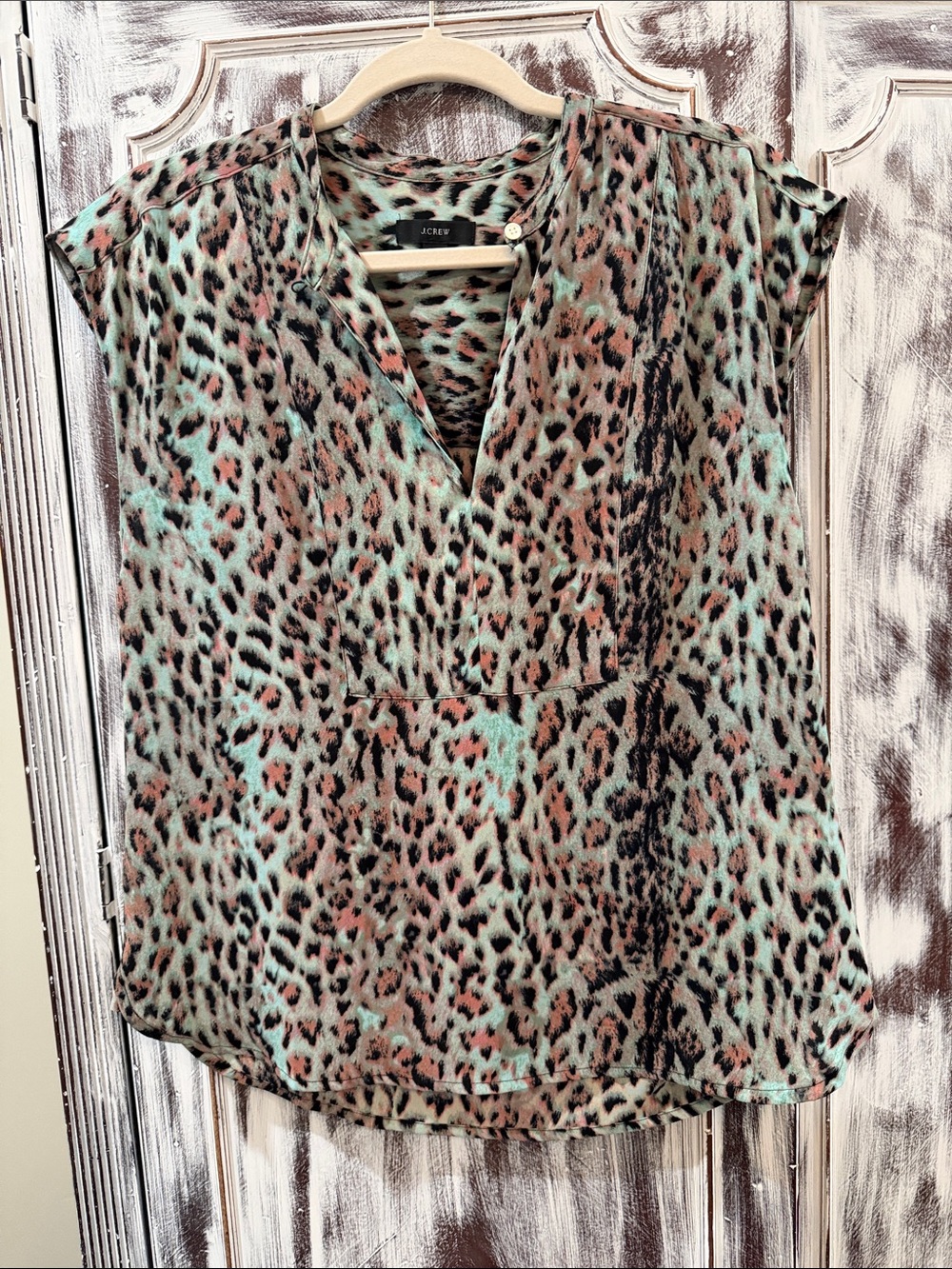 J. Crew Mint and Brown Leopard Print V-Neck Blouse